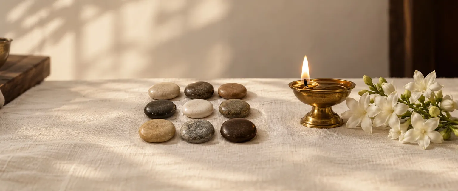 Nine polished pebbles in a three-by-three square beside a brass diya and jasmine - Free Numerology Calculator for Wealth & Financial Success