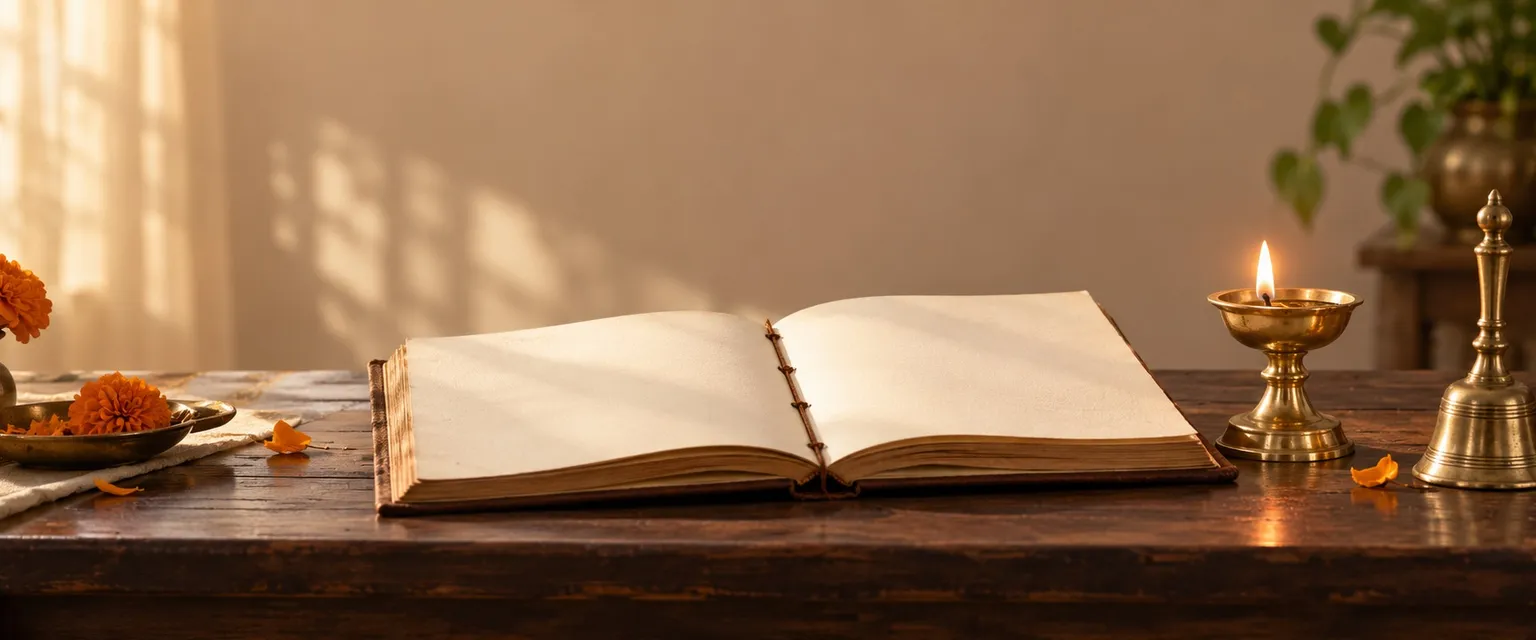 An open almanac with blank pages beside a lit brass diya, a bell and marigolds - Today's Panchang