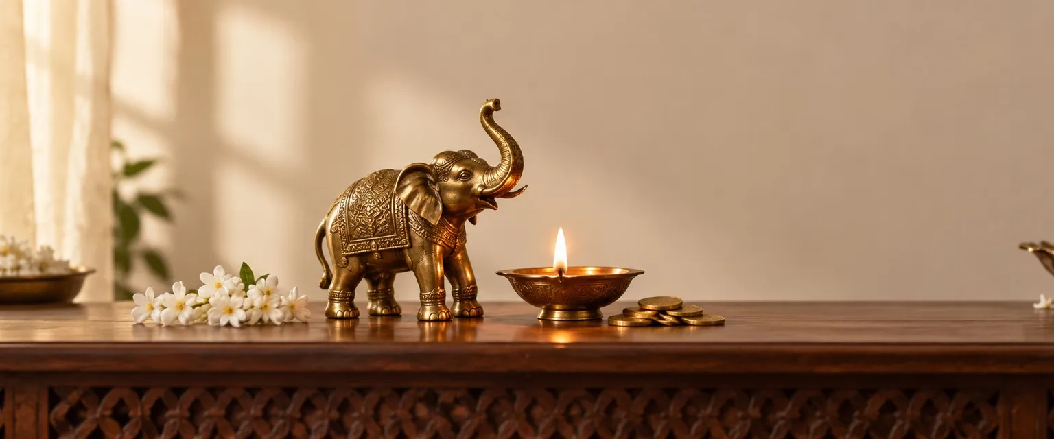 A brass elephant figurine with trunk raised beside a lit diya and a few coins - Free Personal Day Tones Calculator