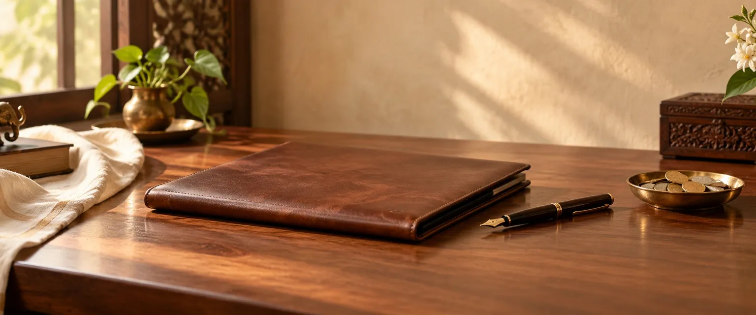 A leather folder, a fountain pen and a brass dish of coins on a desk - Personal Finance Report