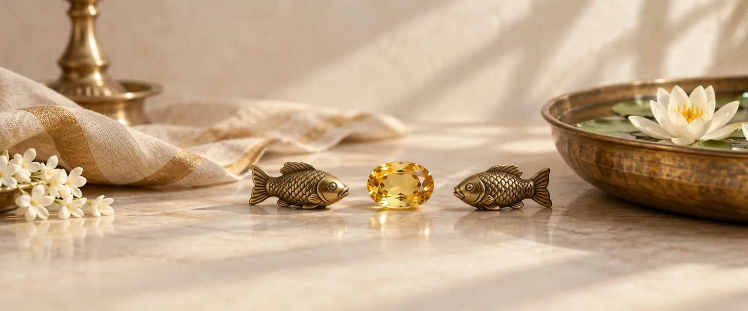 A yellow sapphire beside two brass fish ornaments and water lilies - Pisces Weekly Financial Horoscope: Money & Business