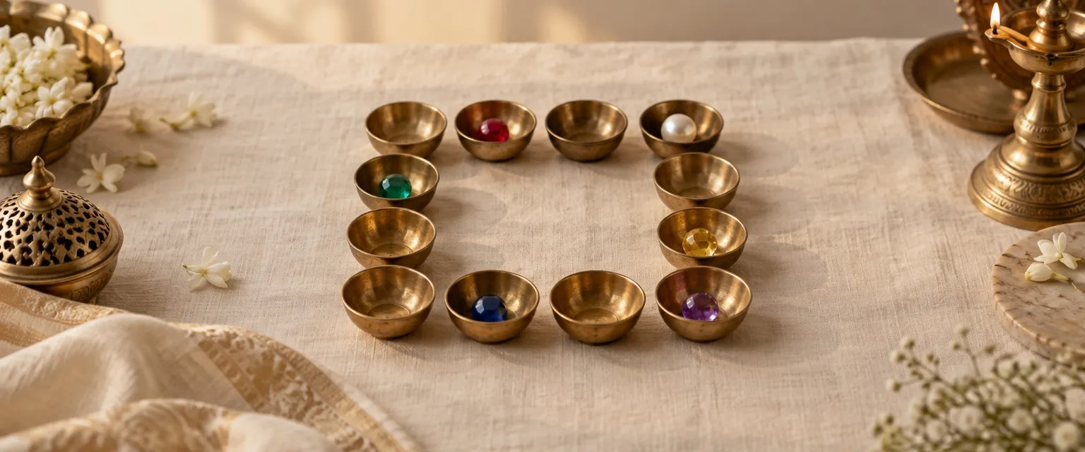 Twelve small brass bowls in a square ring, a few holding a gemstone - Planets in Houses: Money & Career Astrology Guide