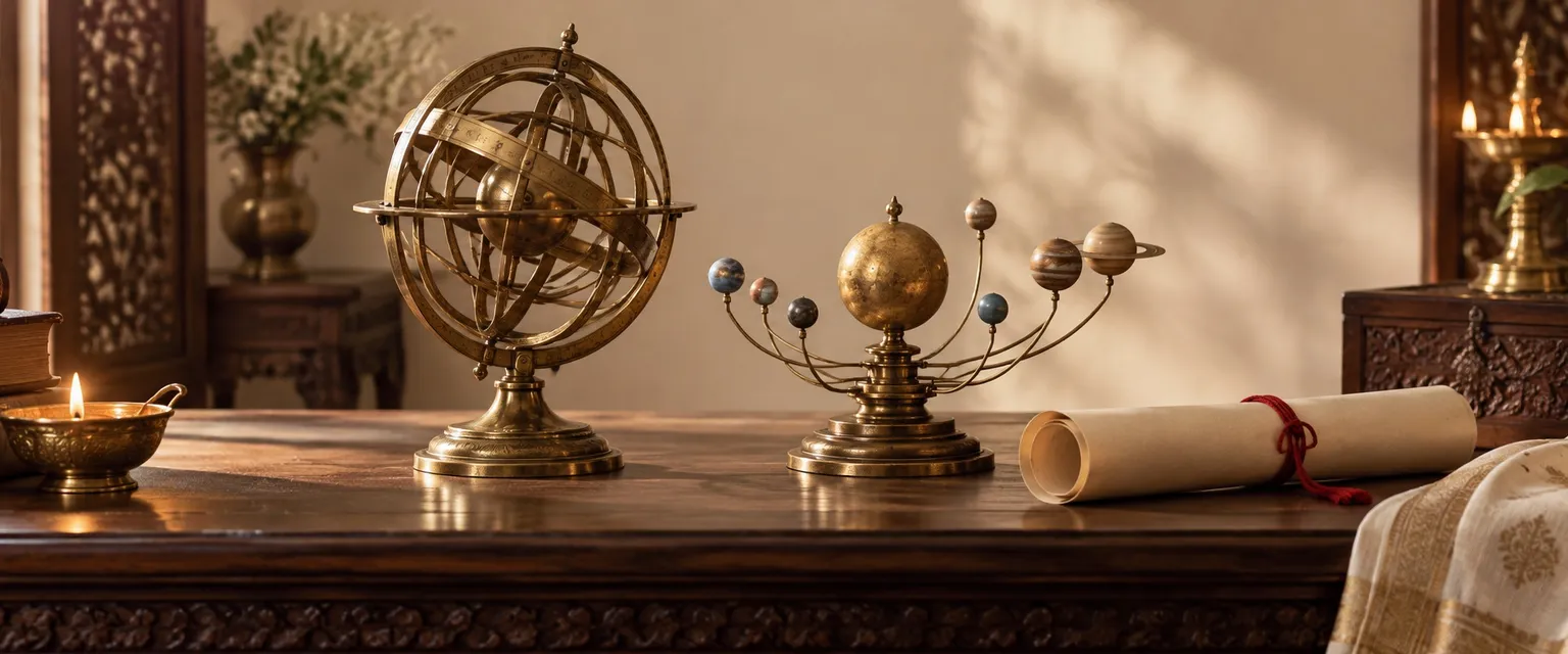 A brass armillary sphere and orrery on a wooden desk beside a rolled parchment - Planetary Transit Calendar 2026-2028