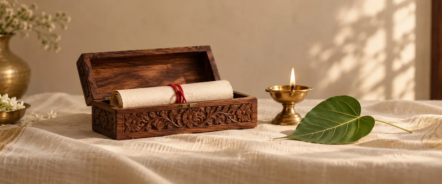A carved wooden box holding a scroll tied with red thread, beside a brass lamp - PPF Calculator