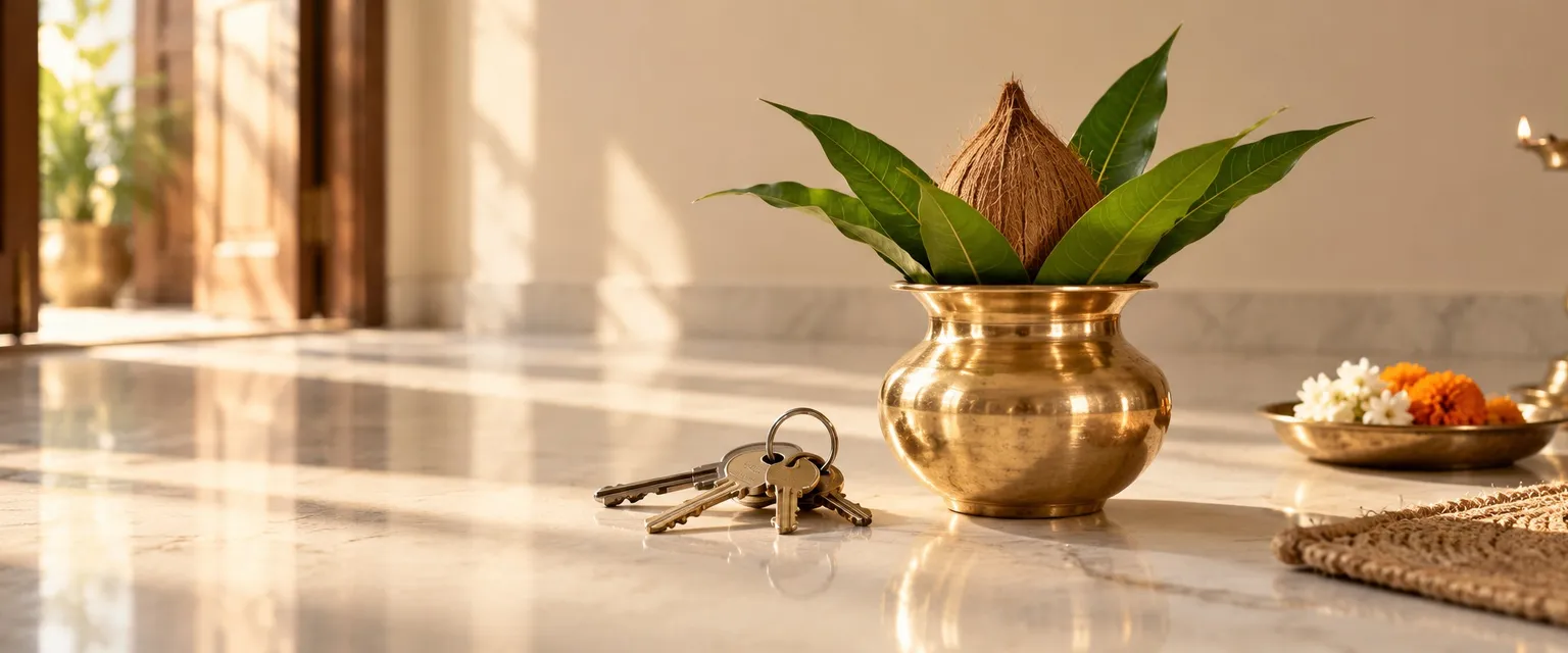 New house keys on a marble floor beside a brass kalash - Property Purchase Muhurta