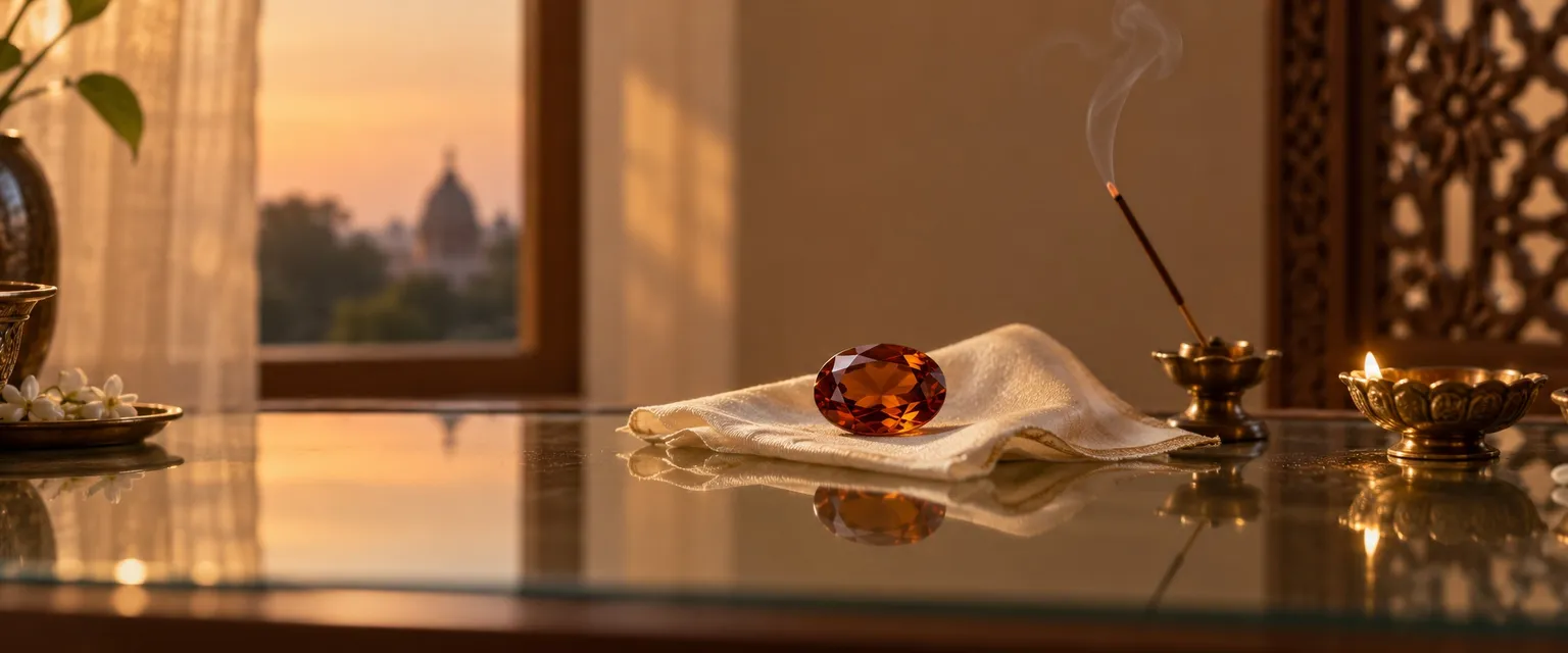 A hessonite garnet on a glass desk with incense smoke at dusk - Rahu in the 10th House: Career & Ambition