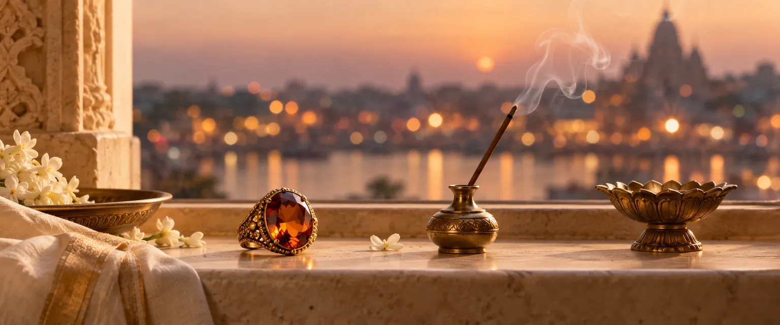 A hessonite garnet and incense smoke on a ledge before blurred city lights - Rahu in the 11th House: Gains & Networks