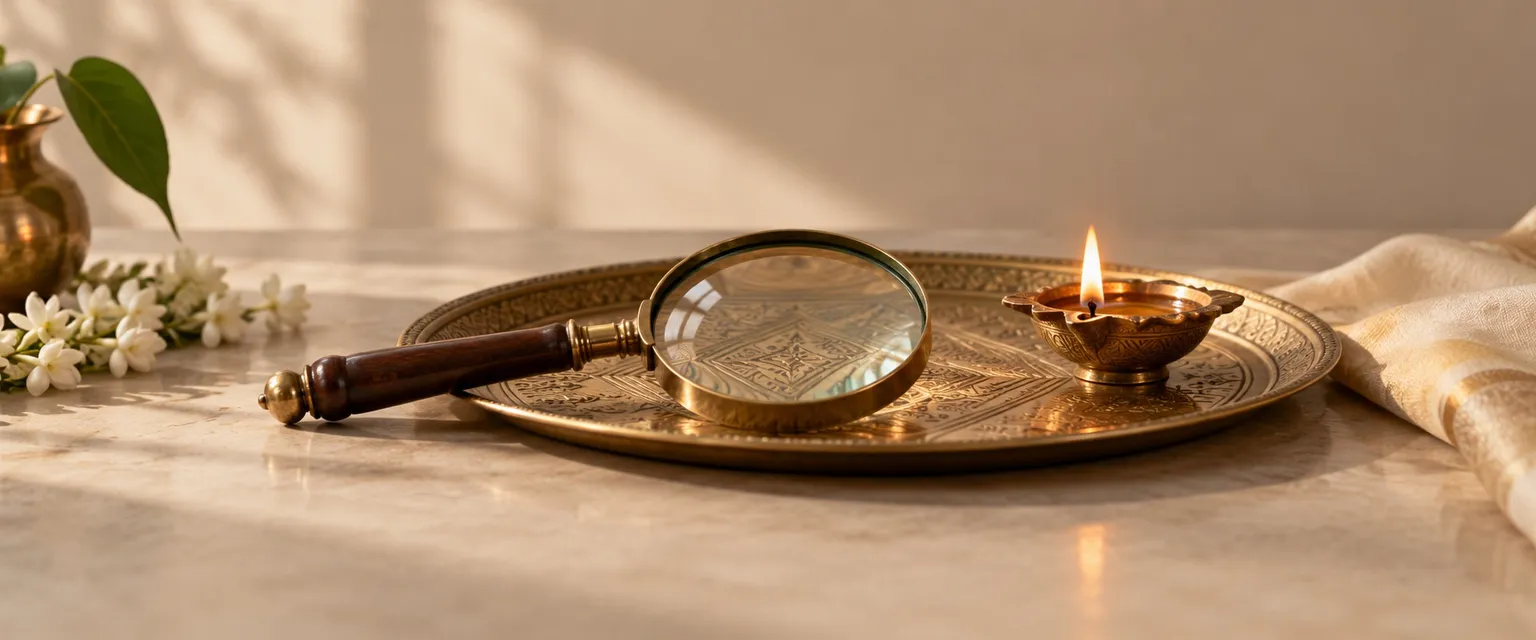 A brass magnifying glass on an engraved brass plate beside a lit diya - Raj Yoga & Dhana Yoga Scan