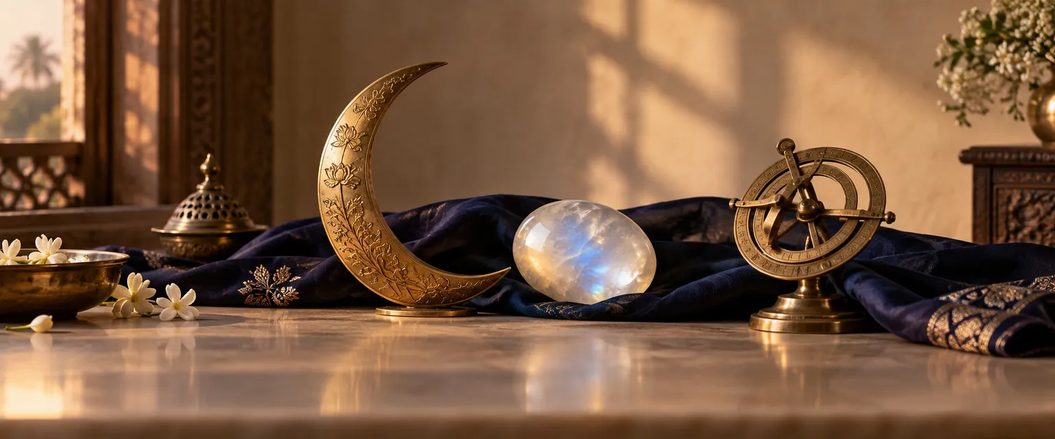 A brass crescent moon and a moonstone on indigo silk beside a small astrolabe - Free Rashi & Moon Sign Calculator