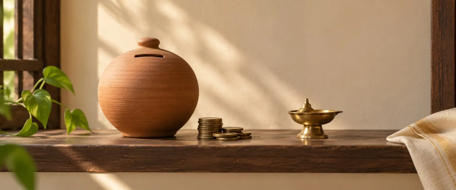 A clay gullak money pot on a wooden shelf beside a small pile of coins - RD Calculator