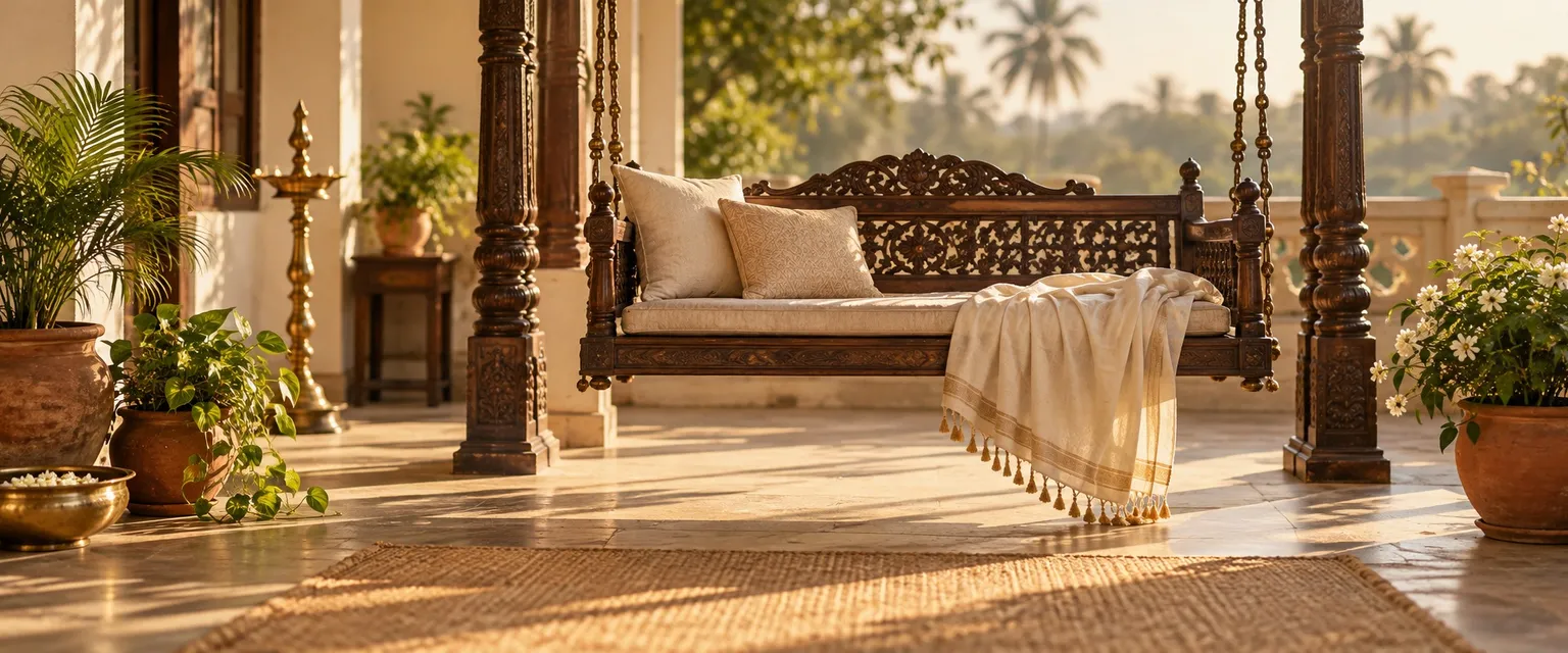 A wooden swing with a shawl on a sunlit Indian veranda - Retirement Calculator