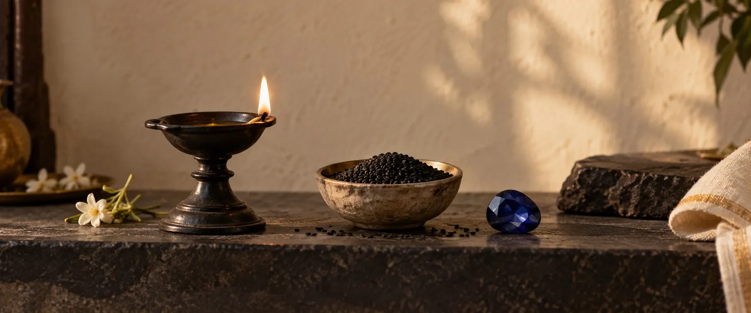 A black iron oil lamp beside black sesame seeds and a blue sapphire - Sade Sati and Markets: Saturn's Transit Explained