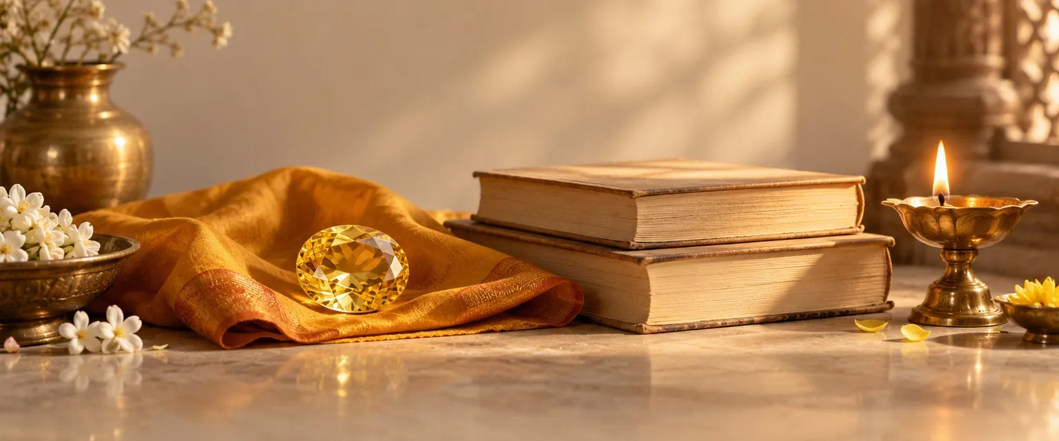 A yellow sapphire on saffron cloth beside old books and a lit lamp - Sagittarius Weekly Financial Horoscope: Money & Business