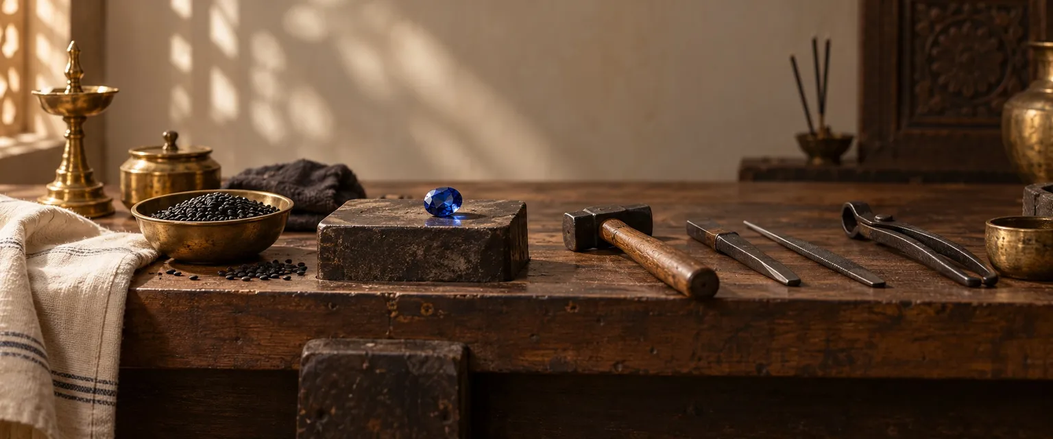 Iron tools on a workbench beside a blue sapphire and black sesame - Saturn in the 10th House: Career & Karma