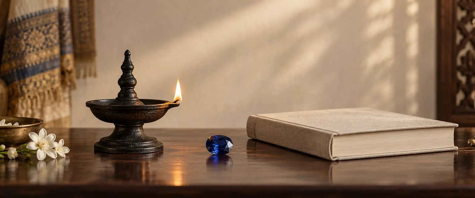 An iron oil lamp, a blue sapphire and a closed ledger on dark wood - Saturn in the 11th House: Steady Gains