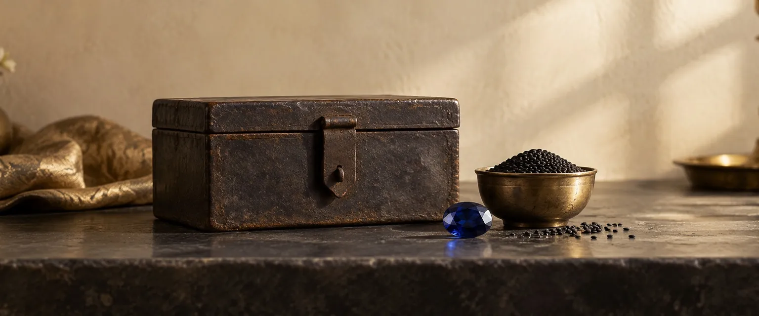A plain iron strongbox beside black sesame seeds and a blue sapphire - Saturn in the 2nd House: Wealth & Patience