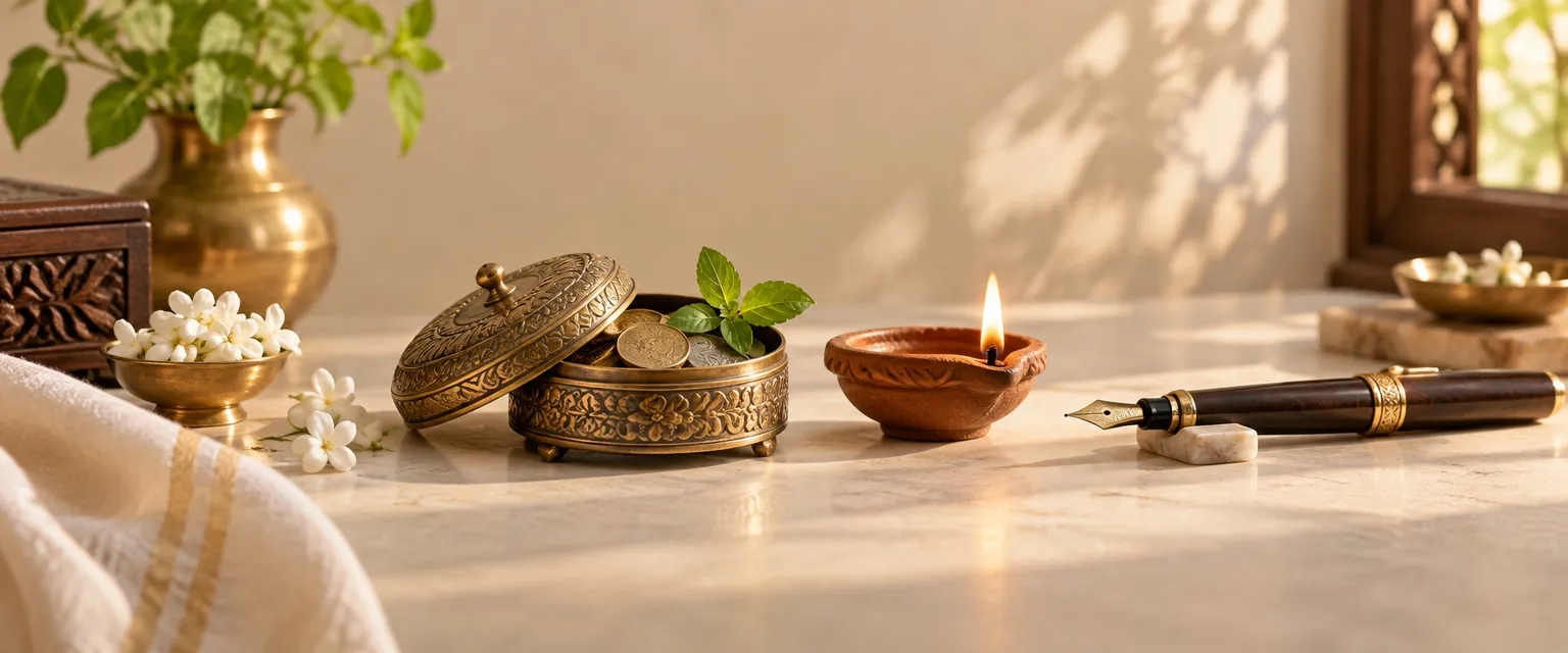 A brass box with coins and a tulsi leaf beside a lit diya and a fountain pen - Savings Start Muhurta