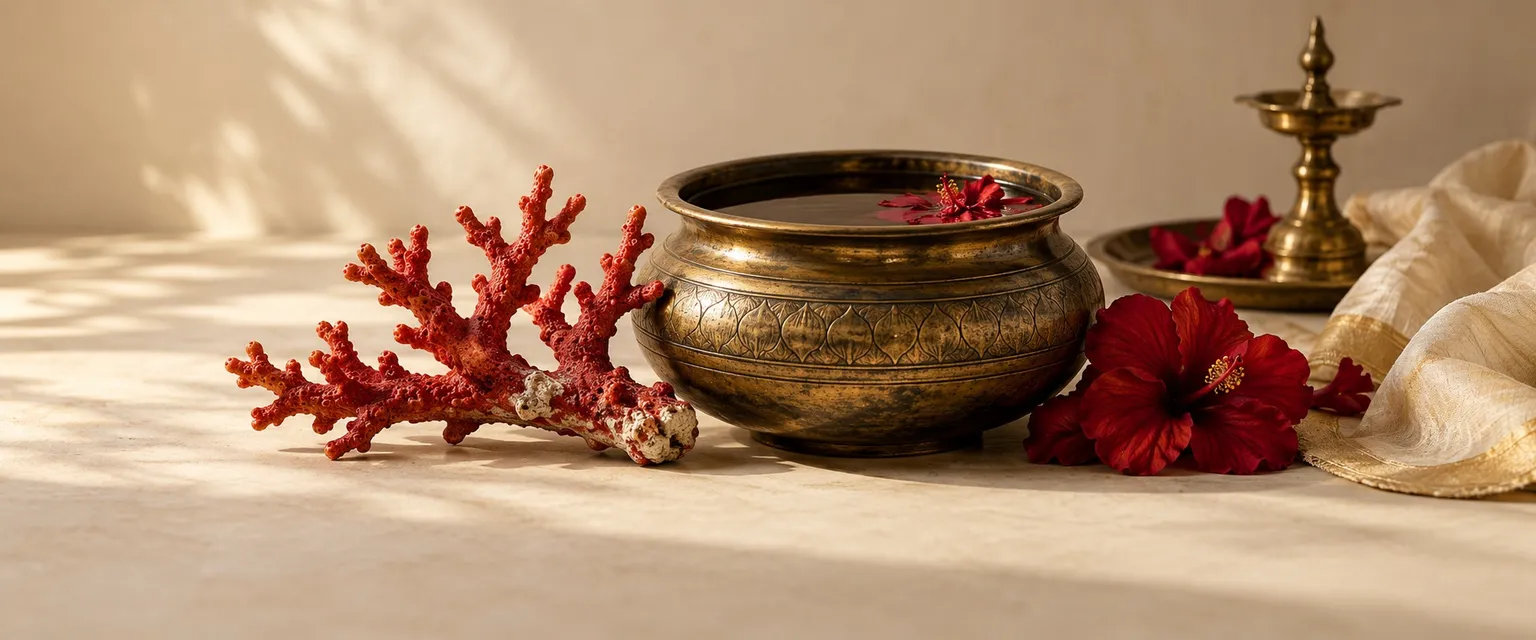 A red coral beside a dark brass vessel of still water and red flowers - Scorpio Weekly Financial Horoscope: Money & Business