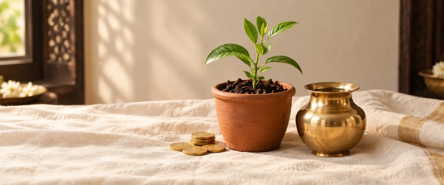 A young sapling in a terracotta pot beside gold coins and a brass water pot - SIP Calculator