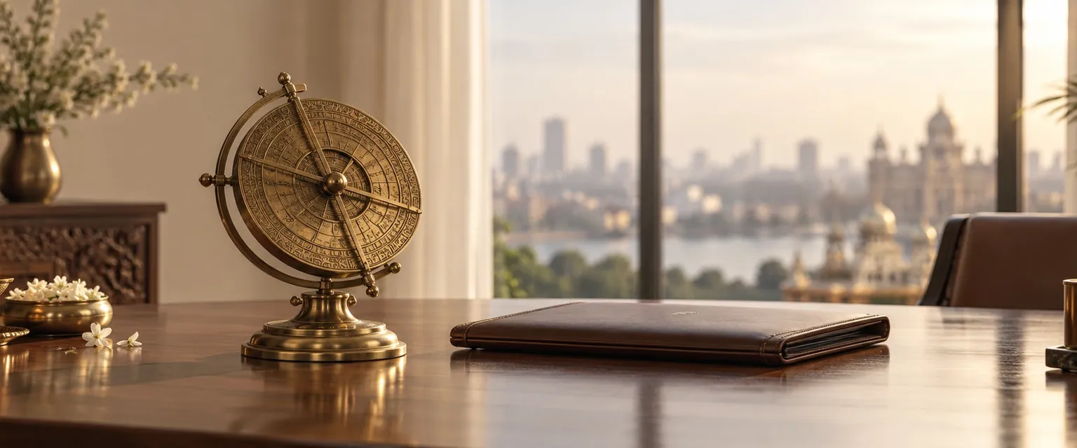 An antique brass astrolabe beside a leather portfolio on a boardroom table - Stock Market Astrology: How Vedic Astrology Reads the Market