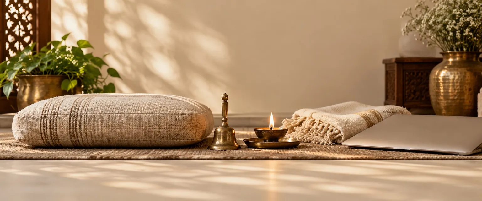 A meditation corner with a brass bell, a lit diya and a closed laptop - Stock Market Loss Astrology: A Vedic Guide
