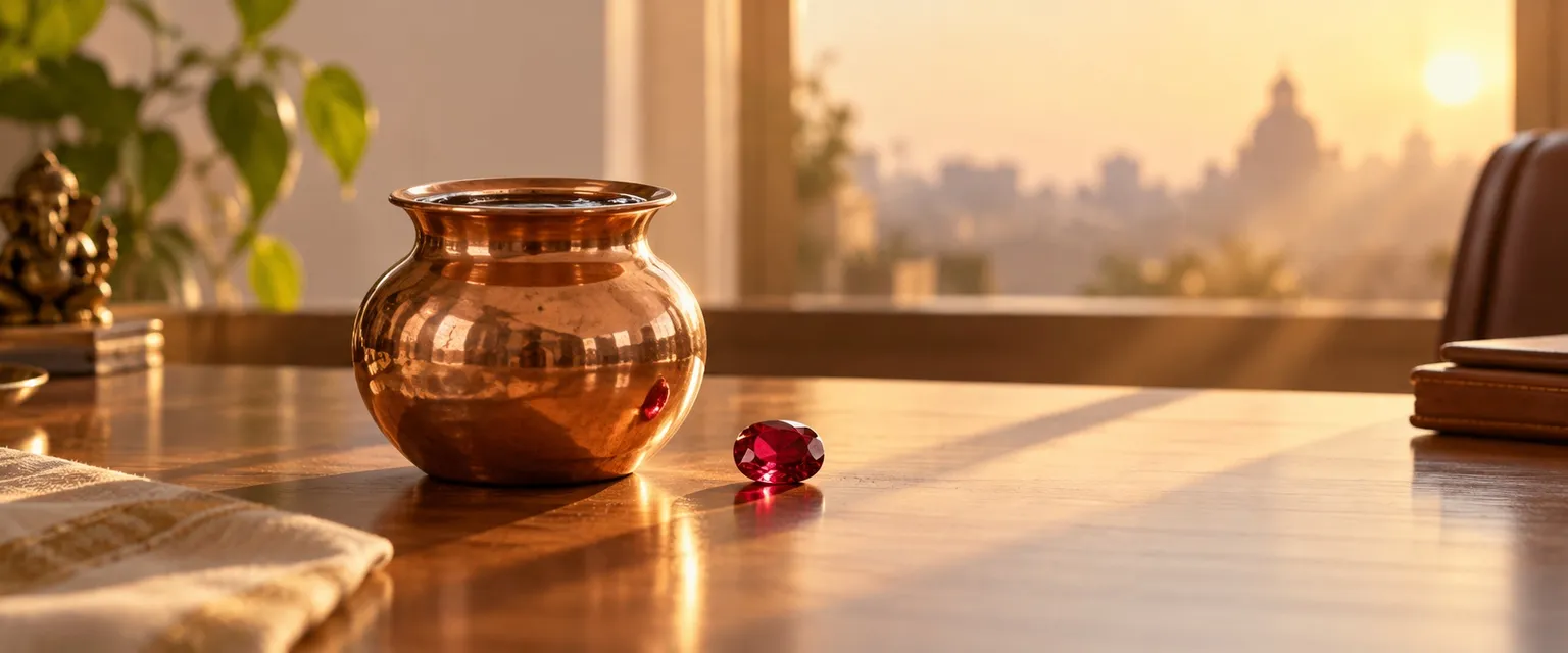 A copper water vessel and a ruby on a sunlit desk at sunrise - Sun in the 10th House: Career & Authority