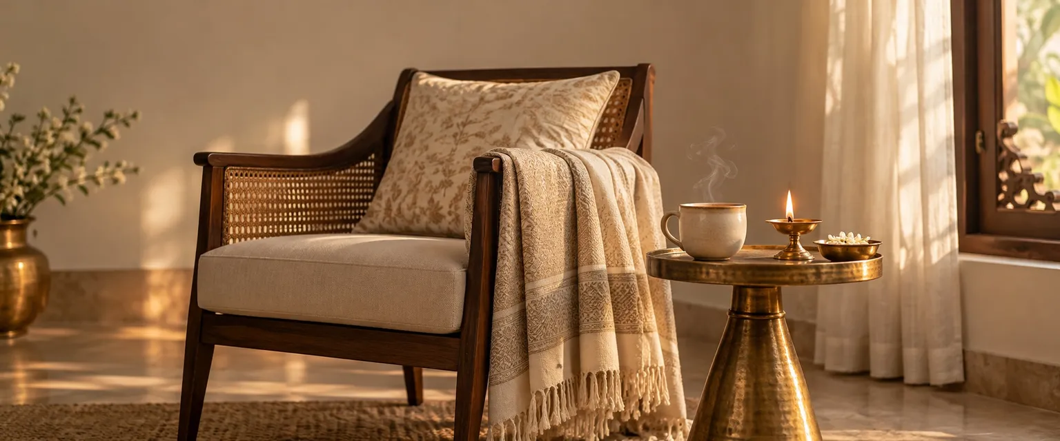 A reading chair by a window with a shawl, a cup of chai and a lit diya - Talk to Astrologer Online