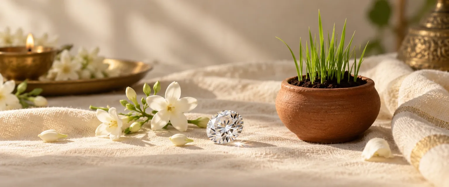 A diamond and jasmine beside a clay pot of soil and young grass - Taurus Weekly Financial Horoscope: Money & Business