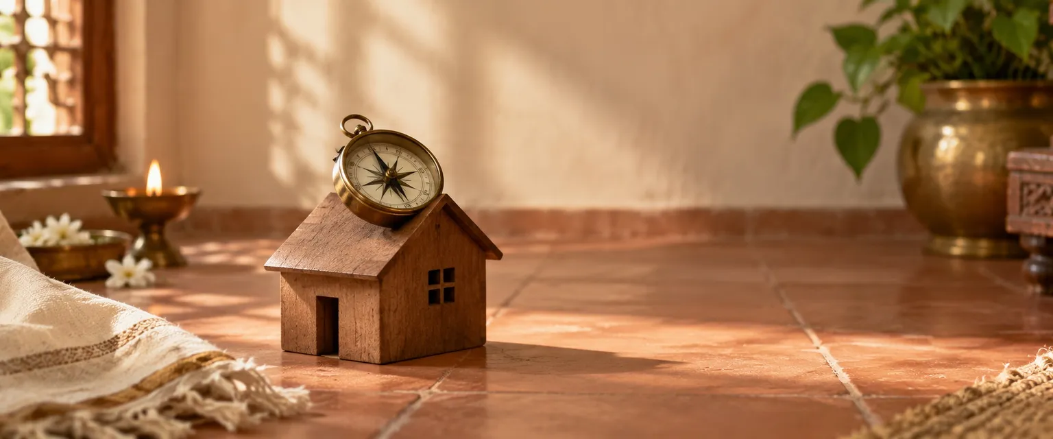 A brass compass on a small wooden model of a house - Vastu Consultation