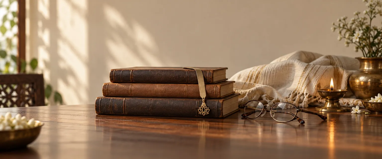 A stack of leather-bound books with a brass bookmark and reading glasses - Vedic Financial Astrology Glossary
