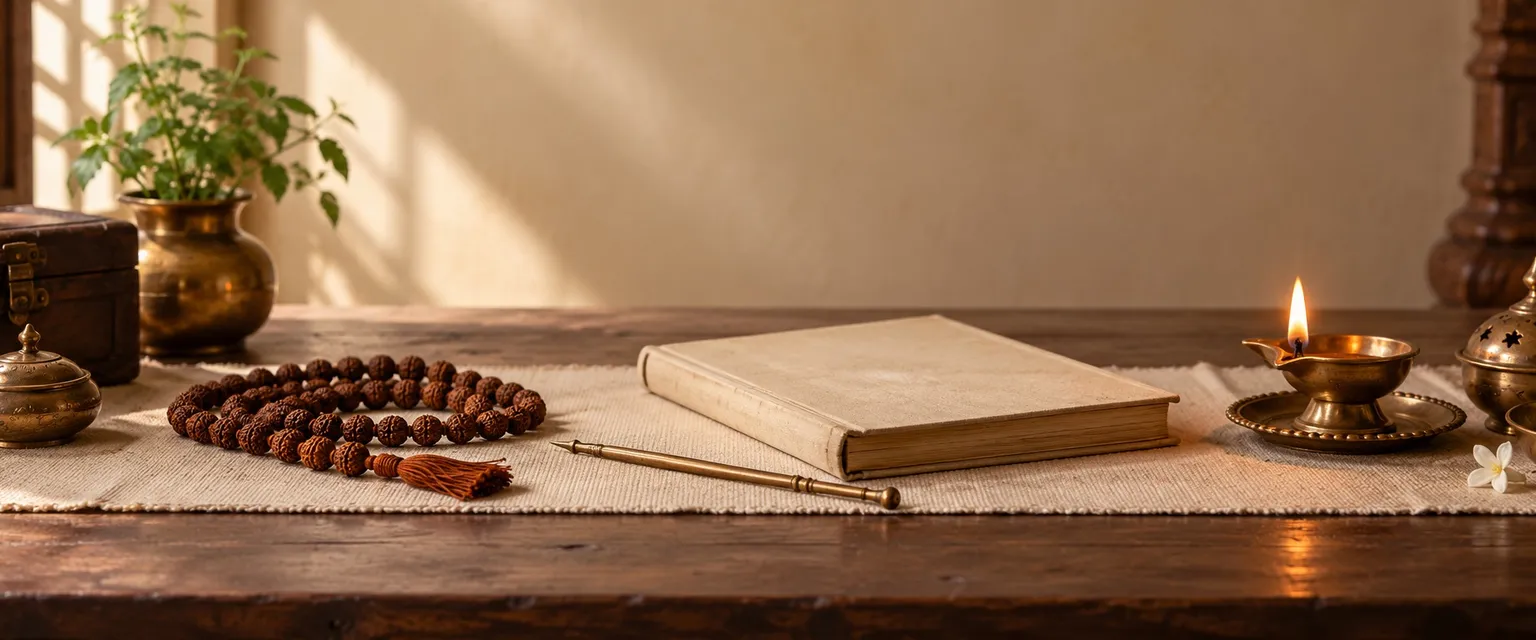 A rudraksha mala, a brass pointer and a closed almanac beside a lit diya - Vedic Financial Astrologers in India