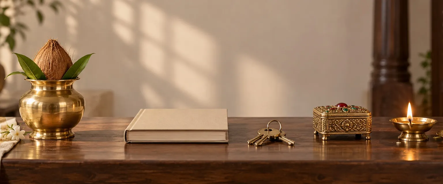 A row of a kalash, a ledger, house keys, a gemstone box and a diya on a long table - Vedic Financial Astrology Services