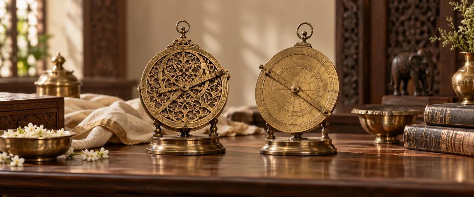 Two antique astrolabes side by side, one Indian and one European - Vedic vs Western Astrology for Markets: What's the Difference?