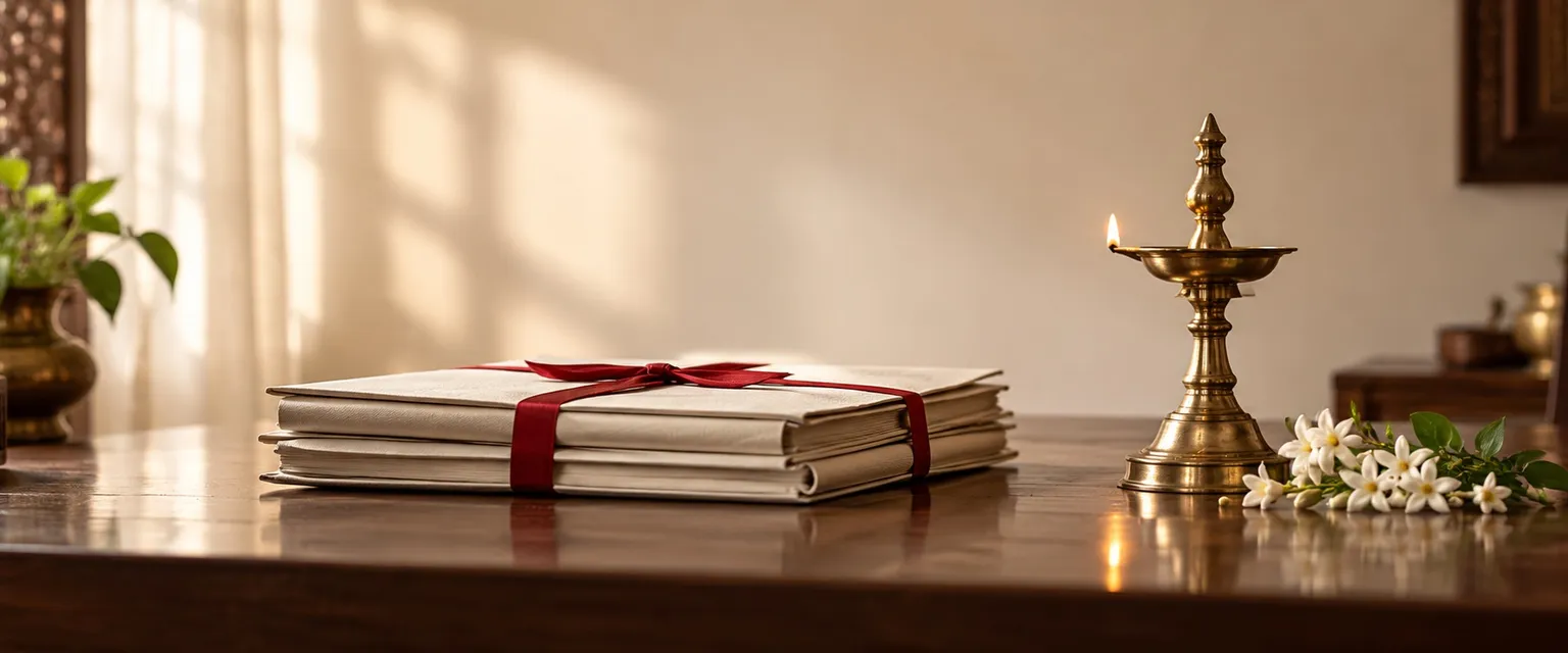 Cream report folders tied with red ribbon beside a brass lamp - Personalised Wealth Reports
