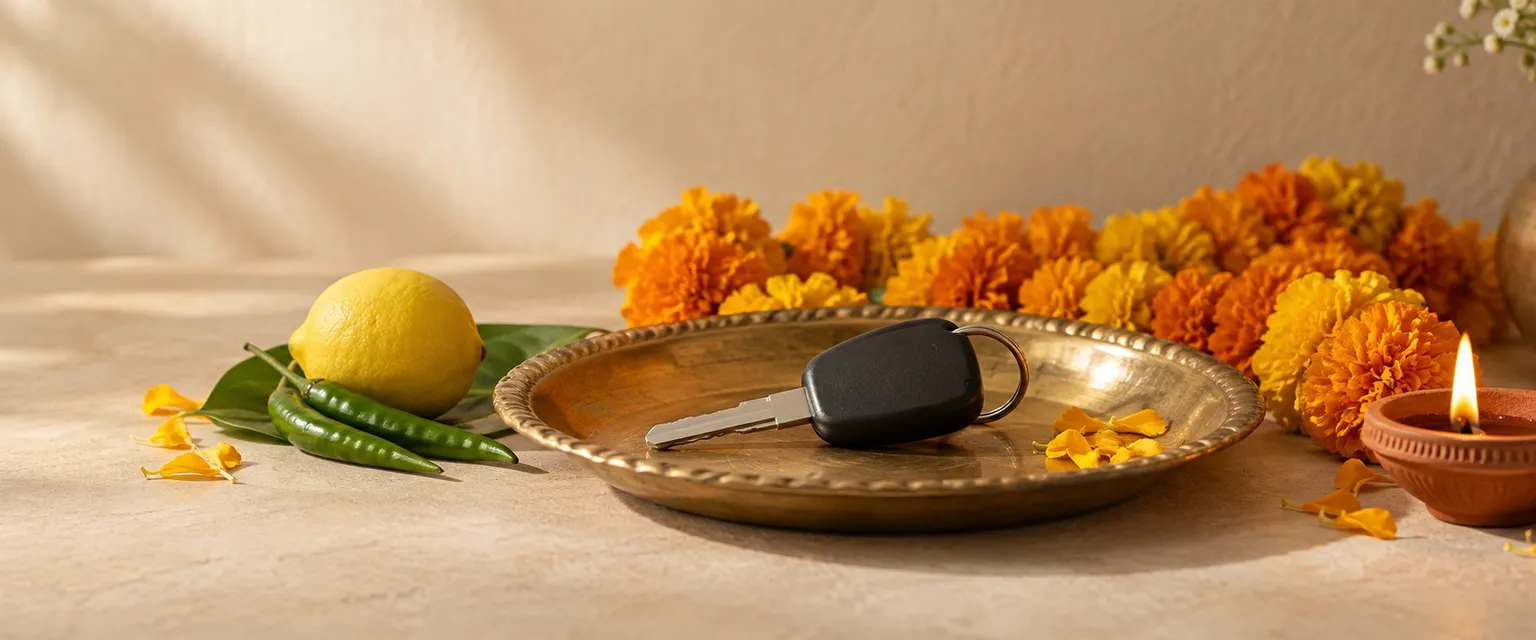 A car key on a brass plate with a marigold garland, a lemon and green chillies - Vehicle Purchase Muhurta