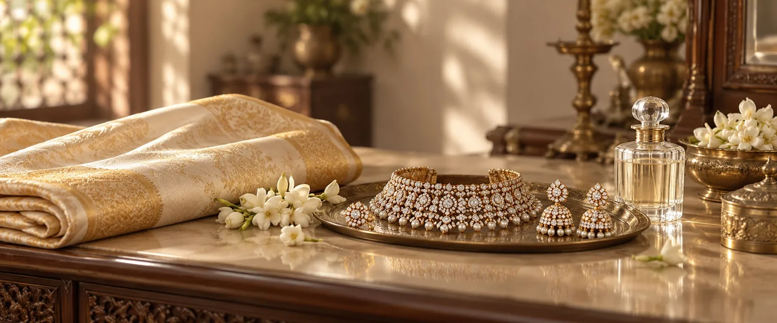 Diamond jewellery, fine silk, jasmine and a perfume bottle on a dressing table - Venus in the 2nd House: Wealth & Comfort