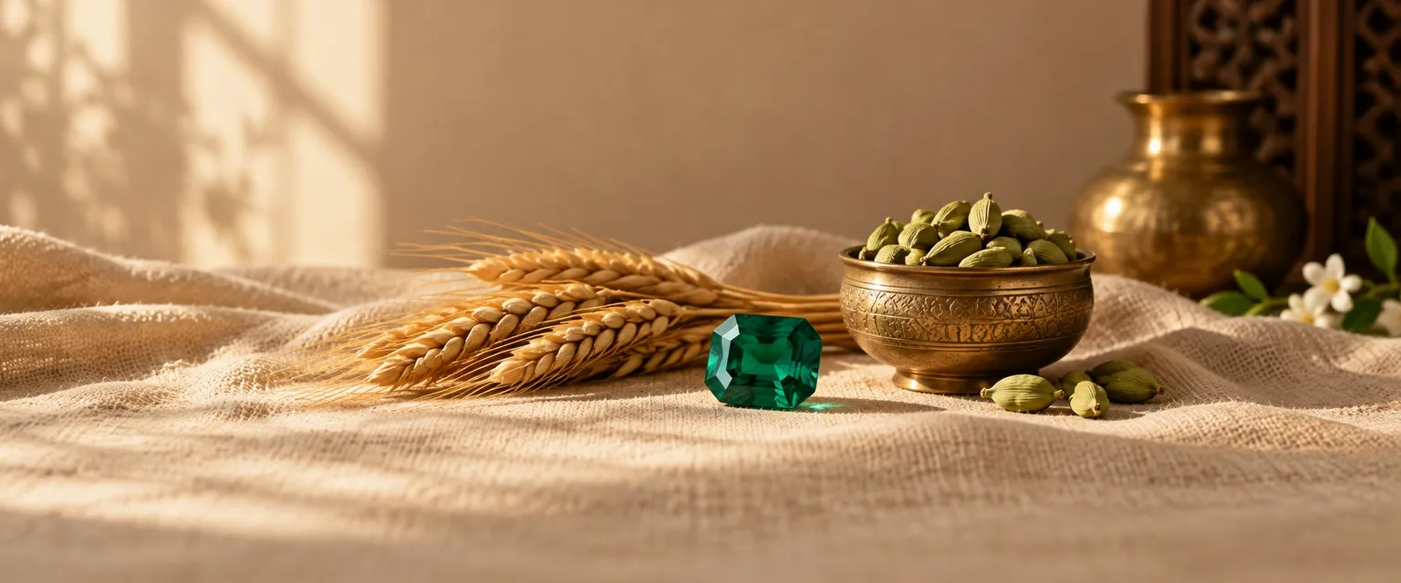 An emerald beside a sheaf of wheat and green cardamom - Virgo Weekly Financial Horoscope: Money & Business
