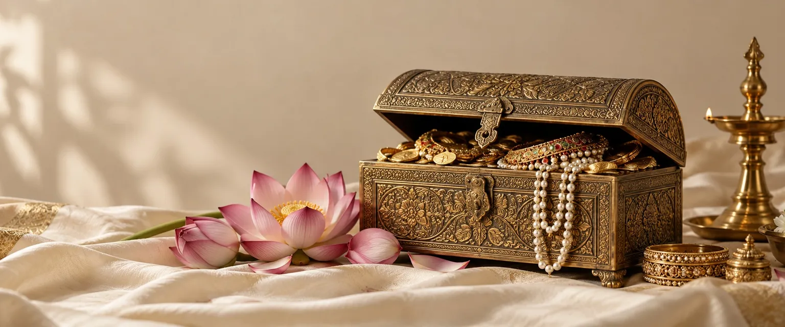 An ornate brass chest slightly open with gold coins and jewellery, lotus flowers beside it - Wealth Astrology: Dhana Yoga & Money Houses in Your Chart