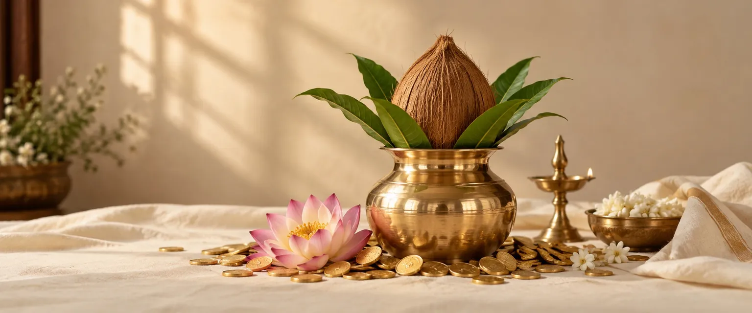 A brass kalash with mango leaves and a coconut, gold coins and a lotus at its base - Free Wealth Score Calculator