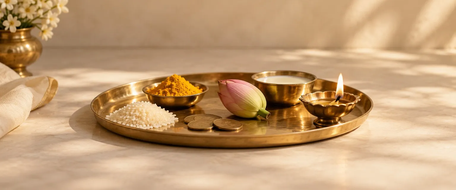 A brass tray of small offerings in a neat grid: rice, turmeric, coins and a lotus - Wealth Yoga Checklist: Check Your Horoscope