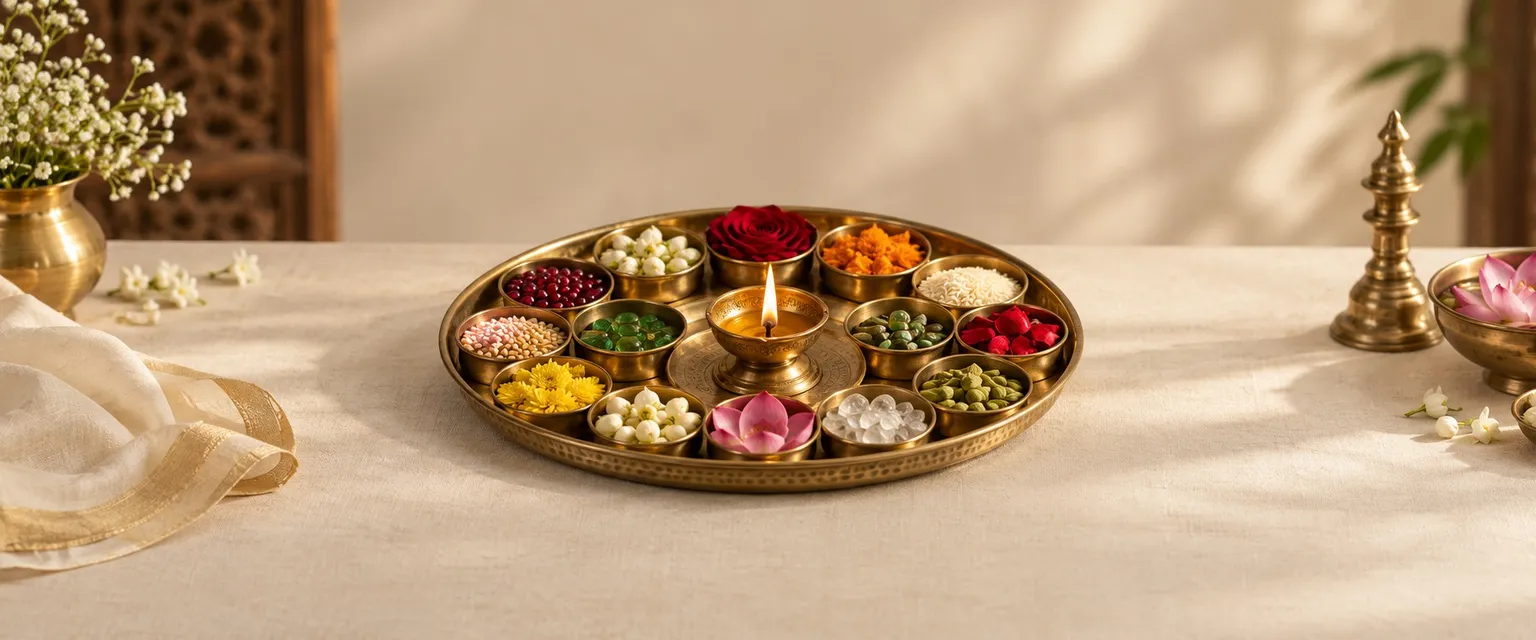 A round brass platter of twelve compartments around a lit diya - Weekly Financial Horoscope for All 12 Rashis