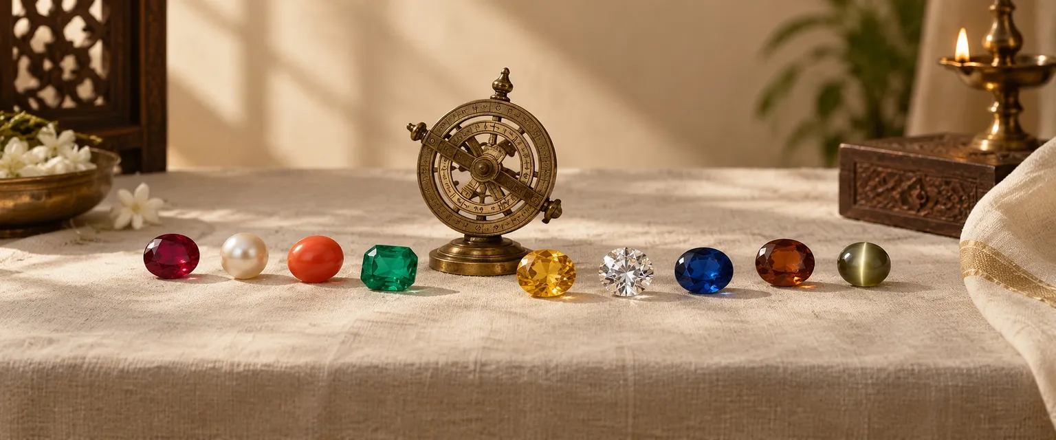 Nine coloured gemstones in an arc around a small brass astrolabe - What Kind of Investor Are You? Free Investor Personality Quiz
