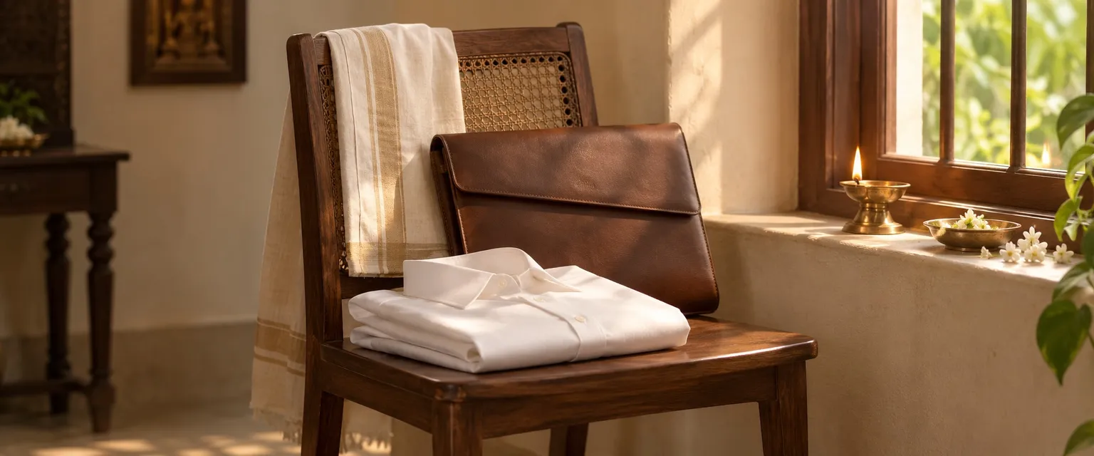 A folded white shirt and a leather portfolio on a chair by a sunlit window - When Will I Get a Job? Astrology Timing
